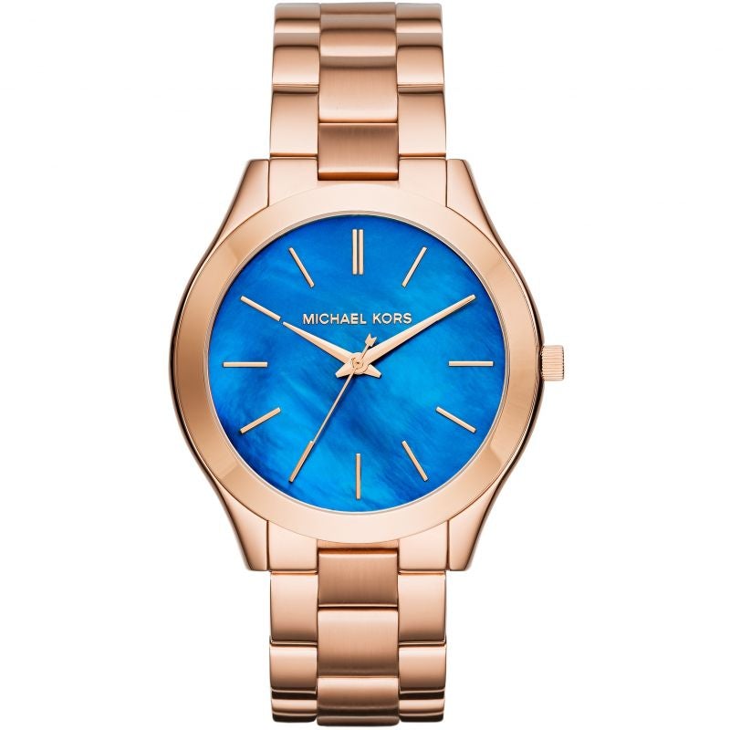 Michael Kors Ladies Slim Runway Rose Gold Dark Blue Watch - MK3494